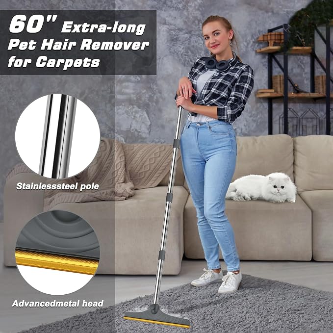 Carpet Rake for Pet Hair Removal, Reusable Carpet Scraper for Rug | Pet Hair Remover with 60” Adjustable Long Handle,Dog Cat Hair Remover Tool for Rugs, Mats, Couch(Grey)