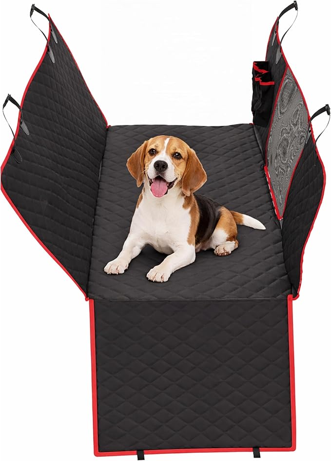 Dog Car Seat Cover for Back Seat, Waterproof, Scratchproof, Nonslip, Dog Hammock for Car, Safety Harness Included, Seat Covers for Pet Dogs, Standard Size (Black/Red)