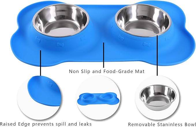 Hubulk Pet Dog Bowls 2 Stainless Steel Dog Bowl with No Spill Non-Skid Silicone Mat + Pet Food Scoop Water and Food Feeder Bowls for Feeding Small Medium Large Dogs Cats Puppies (Medium, Blue)