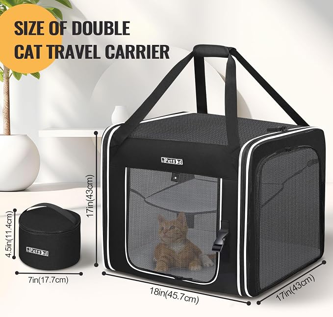 Petskd Combinable Pet Car Travel Carrier for a Large Cat/Medium Dog | 18"Lx17"Wx17"H, Small Pet Soft Carriers, Food Bag & Bowl Included, Lockable Safety Zippers, For Car Travel, Vet, Camping