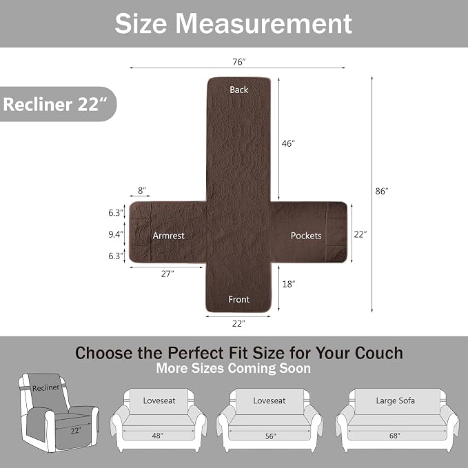Quilted Recliner Chair Covers, Soft Lazy Boy Chair Covers, Water-Repellent Recliner Covers, Pet Friendly Chair Cover for Dogs Cats, Washable Furniture Sofa Protector (Recliner 22", Brown)