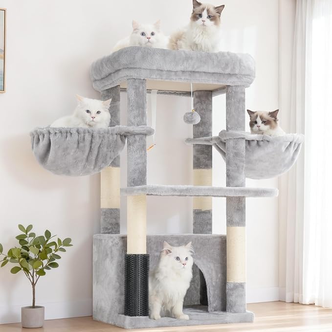 Hey-brother Cat Tree Tower with Large Platform, Spacious Condo, MPJ060W | 35.4 Inches, 2 Cozy Hammocks, Self-Grooming Brush, Sisal Scratching Posts for Big Indoor Adult, Maine Coon, Light Gray