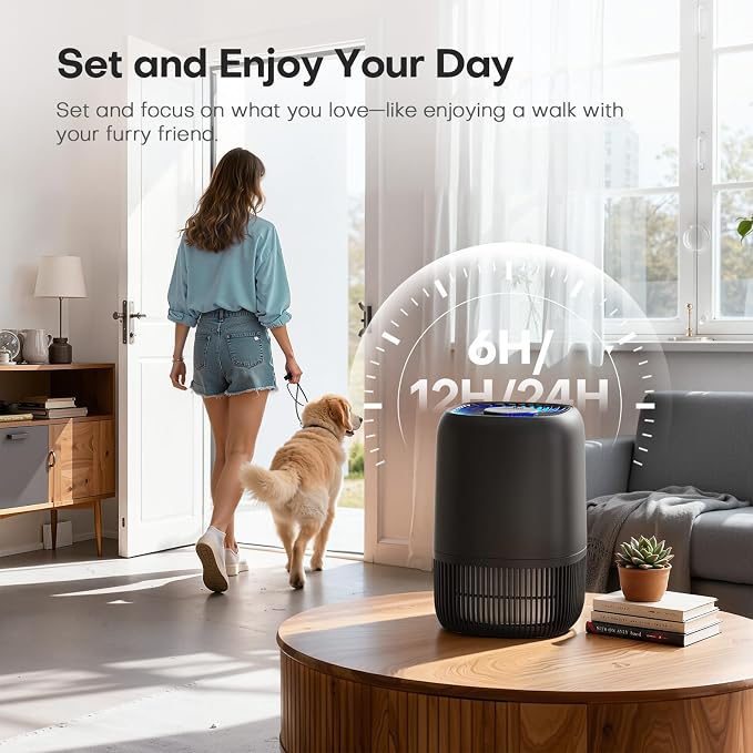 VOOPNU Air Purifiers for Bedroom, High Efficiency Filter, 1076 Ft², Black | for Pet Hair Odors Pollen Smoke, with 3 Speeds Timer Aroma 22dB Quiet 360°Intake, Compact Air Cleaner for Home Dorm Room