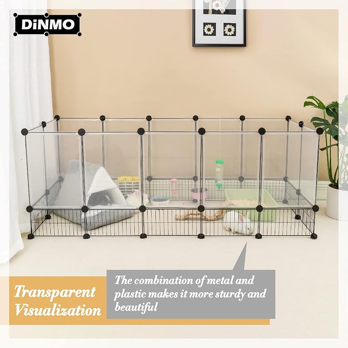 DINMO 28 Panels Bunny Playpen, Iron Net Bottom, 61.4" L x 25.4" W x 22.3" H | For Small Animals: Kittens, Guinea Pigs, Hamsters, Ferrets, Hedgehogs, Chicks & Ducklings, DIY, Expandable Portable Enclosure