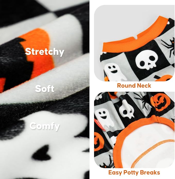 KYEESE Dog Halloween Pajamas Velvet Onesie Checkered Pumpkin Ghost Print | Cozy Halloween Outfit, Great for Halloween Photos, 4-Way Stretch, Lightweight & Breathable, Gentle on Sensitive Skin