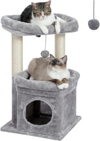 PEQULTI Indoor Cat Tree Tower Small Cats, Sisal Post & Cozy Condo, Grey | Private soft cat condo, soft top perch, natural sisal scratch posts, plush pom-pom toy for indoor kitties