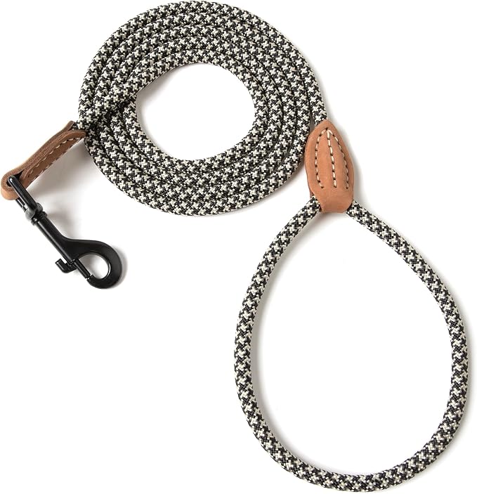 Mile High Life Thin Small Dog Leash with Genuine Leather Connection | Rope Leash, Heavy Duty 360° Swivel Metal Clasp, for Small Medium & Large Dogs (Black Khaki, 72 Inch)