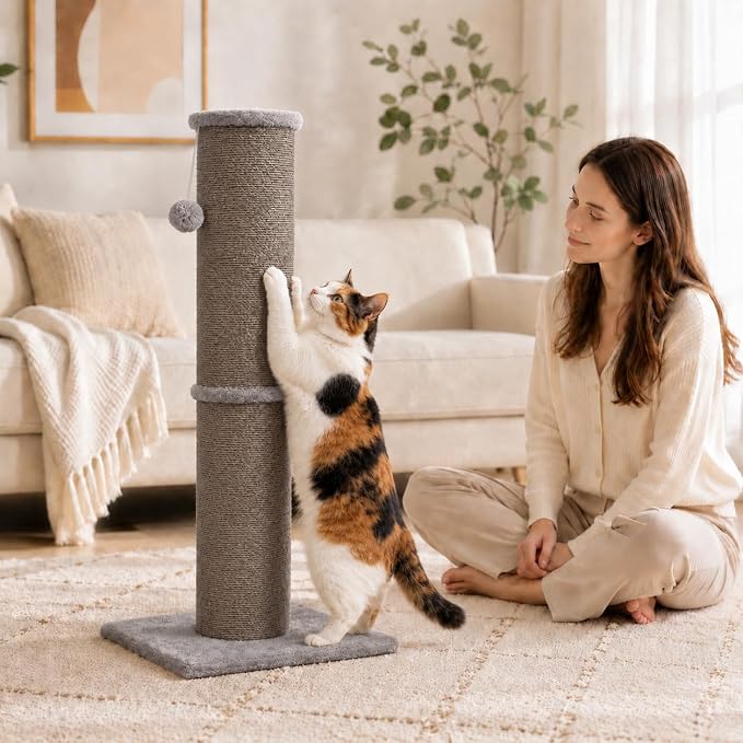 PAWSCRAT 32-Inch Tall Cat Scratching Post, 5.5-Inch Diameter, Sisal, Gery | Natural Sisal Scratching Surface with a Dangling Ball for Indoor Cats, Scratch-Resistant Durable and Protect Your Furniture
