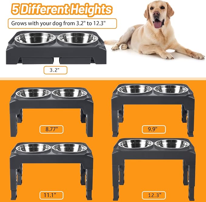 Hubulk Elevated Dog Bowls with 2 Stainless Steel Food & Water Raised Bowls with No Spill Edge Non-Slip Stand Adjusts to 5 Heights(3.2", 8.77", 9.9",11.1", 12.3")for Small Medium Large Dog and Pet Grey