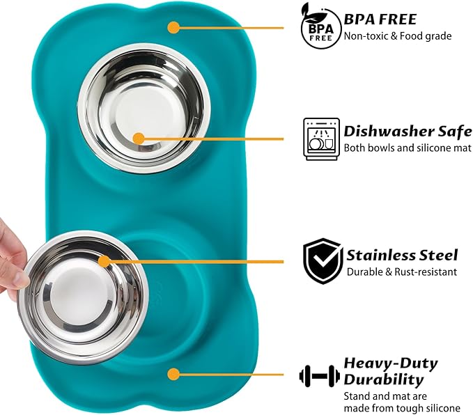 Hubulk Pet Dog Bowls 2 Stainless Steel Dog Bowl with No Spill Non-Skid Silicone Mat + Pet Food Scoop Water and Food Feeder Bowls for Feeding Small Medium Large Dogs Cats Puppies (Extra Large, Green)