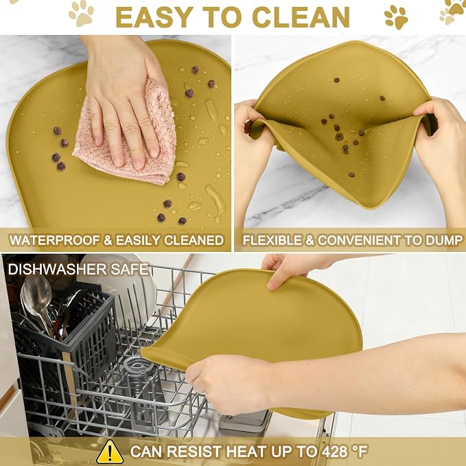 SMILOOL Small Silicone Pet Food Mat with Raised Edge for Food and Water Bowl, Square Dog Feeding Mats, Cat Food Trays for Floor Waterproof, Rubber Tray for Dogs and Cats, 12 x 12 x 0.7 Honey
