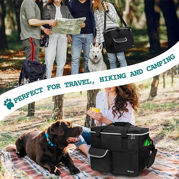 PetAmi Dog Travel Bag Organizer, Pet Travel Kit with 2 Food Containers & 2 Collapsible Dog Bowls, Pet Supplies Tote with Luggage Sleeve, Weekend Road Trip Camping Essentials, Black, Large
