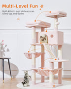 Taoqimiao Sturdy Cat Tree, 58In Cat Tower for Indoor Cats Large Adult | Spacious Cat Condo, 2 Cute Perches, Metal Frame Cozy Hammock, 1 Scratch Board, 8 Natural Sisal Posts, Basket, Pink, MS026P