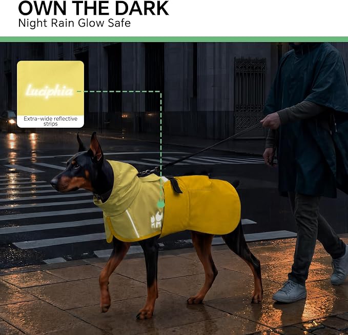 Luciphia Dog Raincoat, Adjustable Hooded Reflective Jacket with Pocket | Yellow small dog rain jacket with leash hole, buckle-on, non-stick fur. For daily walks.