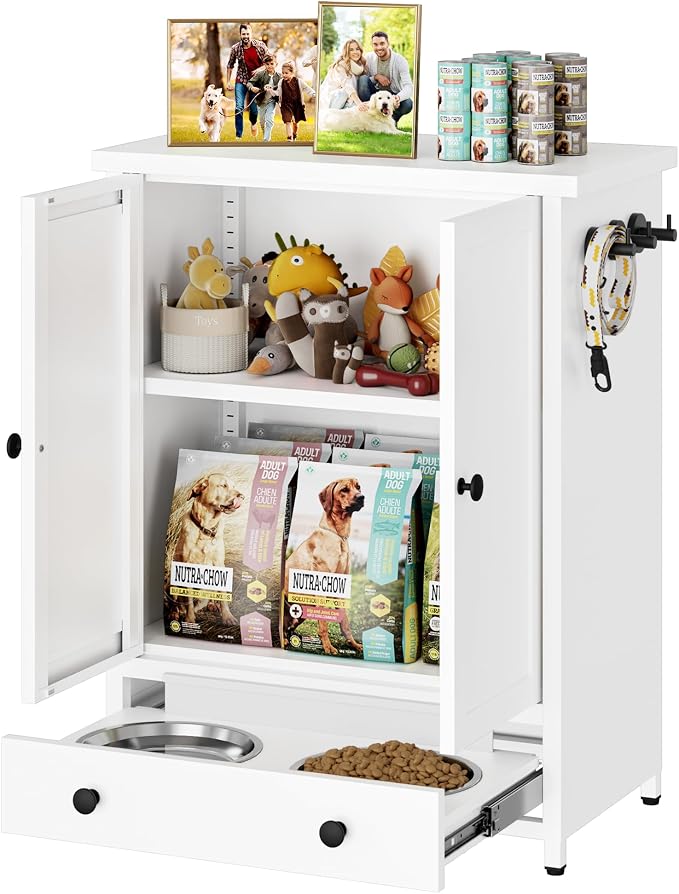 Dog Feeding Station with Storage, Metal Dog Food Storage Cabinet with 2 Elevated Bowls and 3 Hooks, Pet Feeding Station and Dogs Food Storage Organizer, White