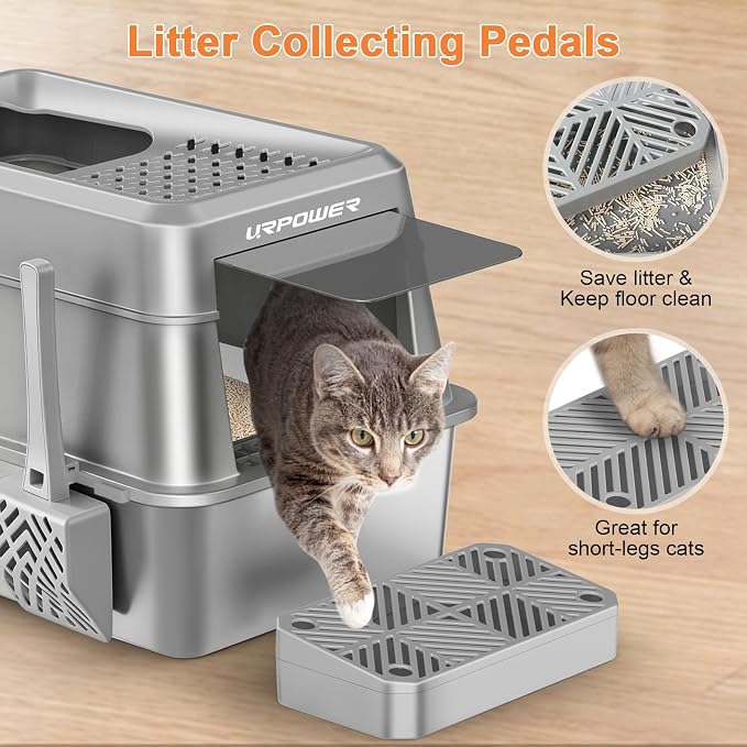 URPOWER Extra Large Stainless Steel Litter Box with Lid for Large Cats | Non-Stick Metal Pan, Front & Top Entry, Odor Control, Anti-Leakage, Easy to Clean, Step and Scoop Included