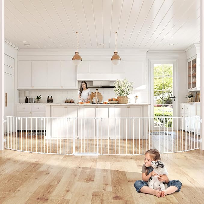 190" Extra Wide Baby Gate Playpen, Adjustable Baby Fence Play Yard | Long Dog Gates Indoor for Stair Doorway Fireplace, Large Child Gate for Toddler Kid Pet, Family Essentials Safty Gate, White
