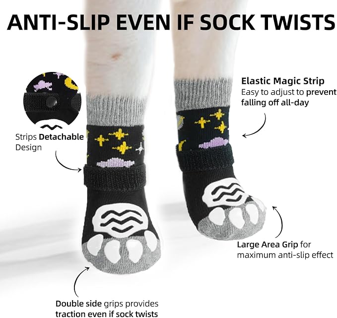 PUPTECK Anti Slip Dog Socks 2 Pairs with Double Grippers for Hardwood Floors, Shoes for Hot/Cold Pavement, Boots & Paws Protectors to Prevent Licking, Traction Booties for Senior Smll Large Dogs, XS