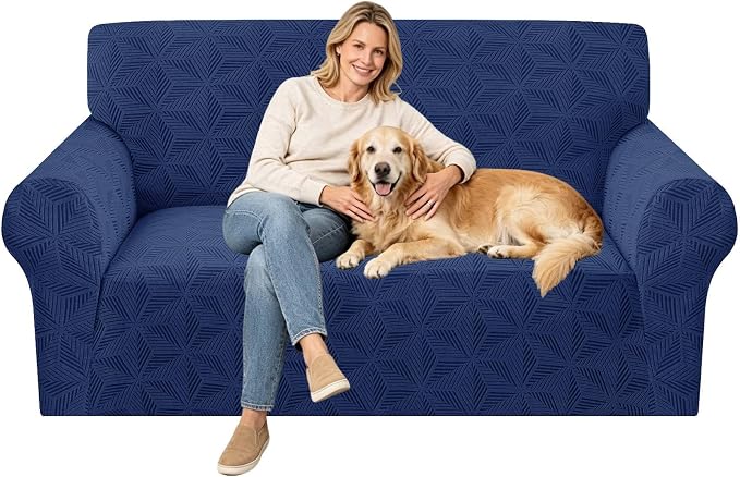 ZNSAYOTX Stretch Couch Cover, 1 Piece Sofa Covers for 2 Cushion Couch, Jacquard Loveseat Slipcovers with Elastic Bottom Thickened Furniture Protector for Dog Cat Pet (Medium, Navy Blue)