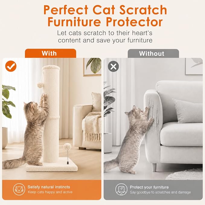 Carpet Cat Scratching Post Heavy Duty for Indoor Large Cats,Beige | Thick Scratch Post for Adult Cats | Carpeted Cat Tree Tower | Tall Cat Scratcher| Couch Furniture Protector| Interactive Toys