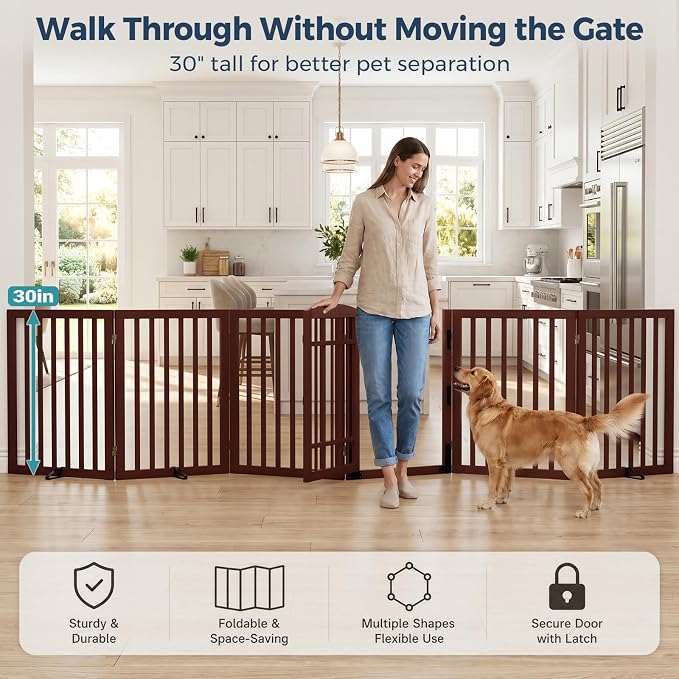 Homykic Dog Gate Indoor, 142" W x 30" H Extra Wide Foldable Bamboo Pet Gate with Door, No Assembly Freestanding Dog Fence with 2 Support Feet & 360°Hinges for Doorways Hallways (Espresso, 6 Panels)