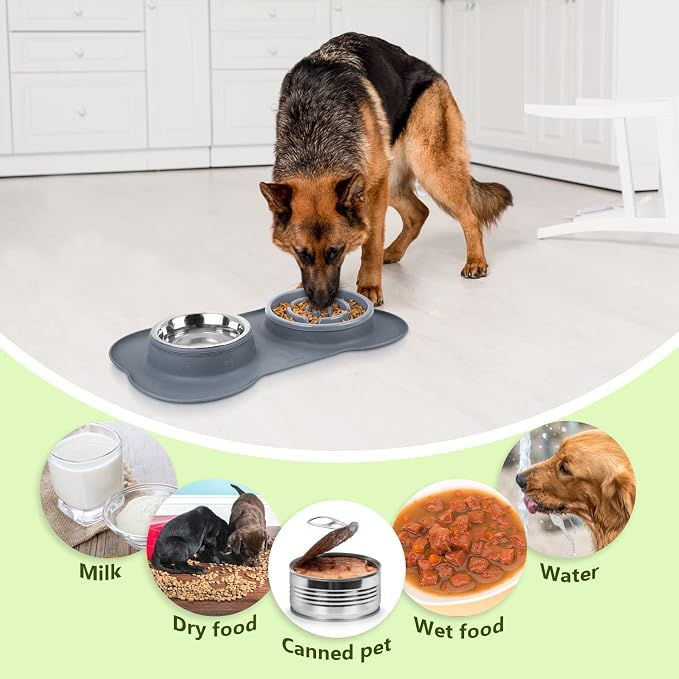 Pecute Slow Feeder Dog Bowls to Slow Down Eating, Dog Slow Feeder Bowl | No-Spill Non-Skid Silicone Mat, Food-Grade Safe Dog Food Bowls Slow Feeder, Stainless Steel Dog Water Bowl for Dogs Cats