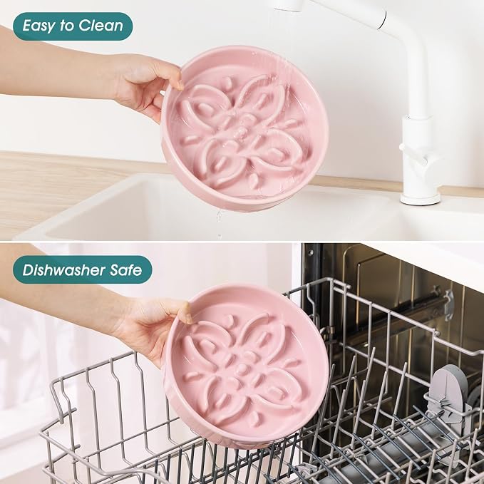 vancasso Ceramic Slow Feeder Dog Bowls, Puzzle Dog Food Bowls with Floral Maze, Anti -Slip Pet Food Dish for Medium Breed, 1.5 Cups, Pink