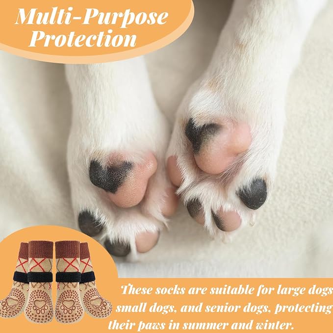 4Pcs Anti Slip Dog Socks to Prevent Licking Paws, Dog Shoes for Hardwood Floors with Grip, Double Sides Dog Boots & Paw Protectors Booties for Small Medium Large Senior Dogs(Brown XS)