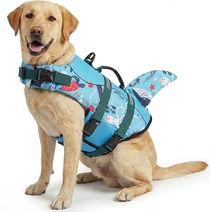 ASENKU Dog Life Jacket - Pet Safety Vest for Swimming & Boating, Shark Life Jacket with Floatation, Dog Lifesavers Swimsuits for Small Medium Large Dogs (Ocean, L)