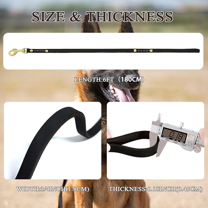 Heavy Duty Leather Dog Leash 6 ft x 3/4 inch, Genuine Leather Dog Training Leash, Soft and Strong Leashes for Medium and Large Dogs Black
