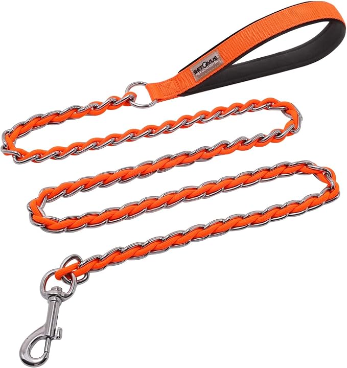 Chain Dog Leash Chew Proof Metal Leash for Medium Large Dogs, Chain Link Dog Anti Chew 5.2FT / 4FT Strong Anti Bite Comfortable Soft Padded Handle (Orange, 5FT(80-150lb))