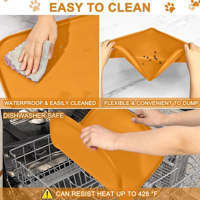 SMILOOL Silicone Pet Food Mat with Raised Edge for Food and Water Bowl, Dog Feeding Mats, Cat Food Trays for Floor Waterproof, Rubber Tray for Dogs and Cats, 22 x 14 x 0.8 Orange