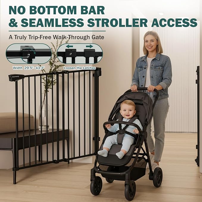 Mumeasy 30" Tall Baby Gate for Stairs & Doorways, No Bottom Bar Dog Gate | 29.5-43.3" Expandable Hardware Mounted, Auto Close Extra Wide Walk Thru Pet & Toddler Proof Safety Gate Indoor, Hallway,Black