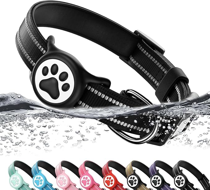 Airtag Dog Collar, Reflective Ultra-Durable Nylon Padded with QR Code Buckle & IP68 Waterproof Air Tag Holder Compatible for Apple AirTag, Comfortable for Small Medium Large Dogs (Black, XS)