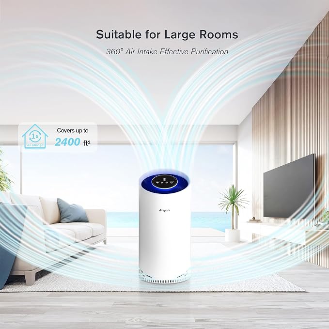 | Airspark Air Purifier for Home Bedroom Up to 2400 Ft² 4-Stage Air Filter | 22dB Sleep Mode, Air Cleaner for Smoke Dust Pollen Daner Pet Hair Odor Eliminator with Night Light & Timer