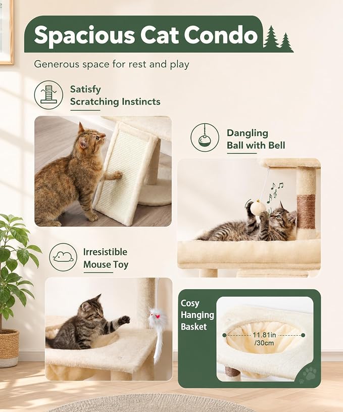 68 Inches Heavy Duty Cat Tree for Indoor Cat, Big Cat Tower | Cat Houses & Tree Tower with 2 Condos, Sisal Scratching Posts & Large Platform for Indoor Cats Large Adult, Beige