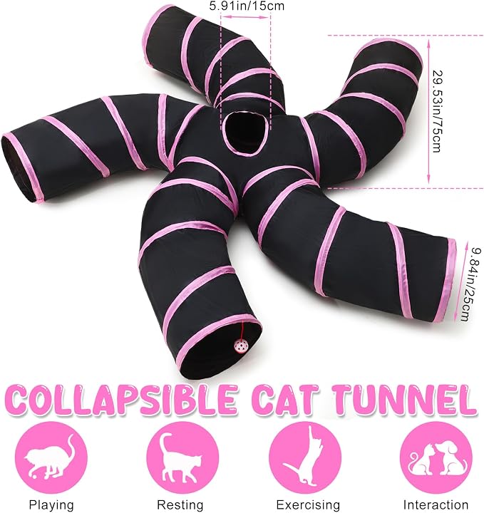 Poen 21 Pcs Cat Tunnel for Indoor Set Collapsible 5 Way Tubes with 20 Pcs Cat Kitten Toys Interactive Feather Toy Mouse Crinkle Balls Tube for Puppy Kitten Rabbit(Pink Black)