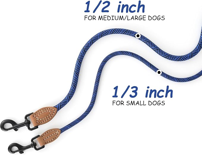 Mile High Life Thin Small Dog Leash with Genuine Leather Connection | Rope Leash, Heavy Duty 360° Swivel Metal Clasp, for Small Medium & Large Dogs (Blue, 72 Inch)