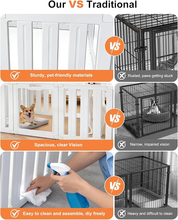 Acrylic Indoor for Dogs Playpen, 24" H 10 Panels DIY Puppy Playpen | Indoor & Outdoor Dog Playpen with Heavy Duty Door Lock, Easy-Assembly&Clean Door Pet Fence for Dogs Puppy,Cats,Rabbits,White