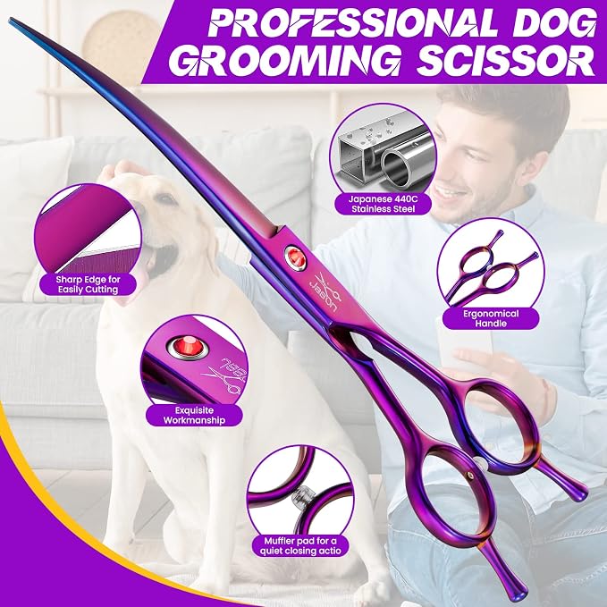 JASON Curved Dog Grooming Scissors - 7" Down-Curved Trimming Shears Purple | Professional Shear with Ergonomic Handle Japanese Stainless Steel, for Dogs, Cats and Other Pets, Sharp, Gift