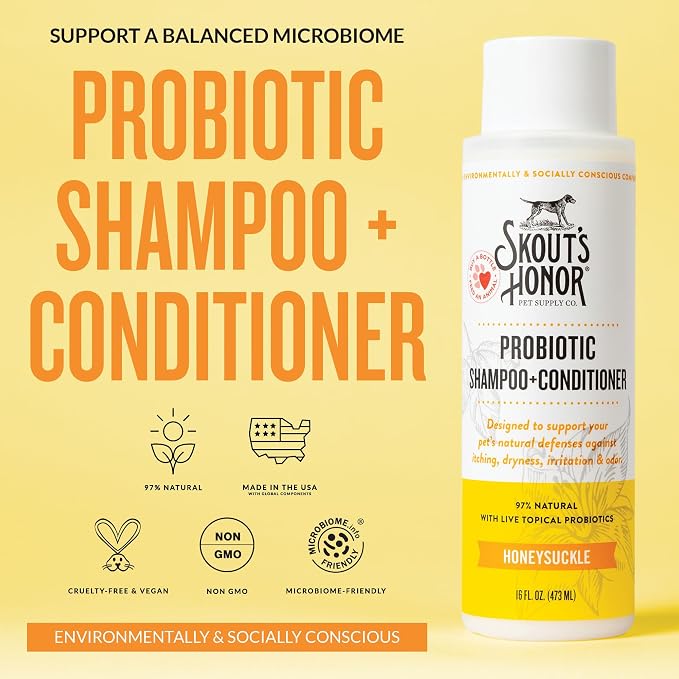 SKOUT'S HONOR Probiotic Dog Shampoo and Conditioner - Honeysuckle, 16 oz | Hydrating, Natural 2-in-1 for Itchy Skin, Microbiome-Friendly with Avocado Oil & Omega-3s, Paraben & Sulfate-Free