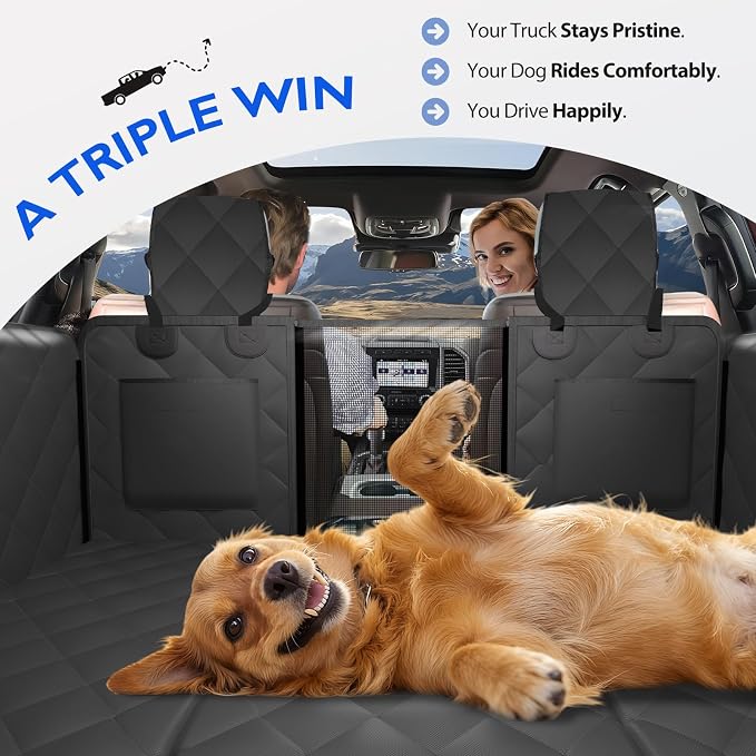 Btefd Truck Hard Bottom Dog Back Seat Extender Cover for F150, RAM 1500 | Pet Hammock for Full Size Crew Cab Trucks, Headrest Protection, Holds 420lbs, 45% More Space, Waterproof, Easy Care
