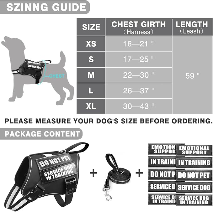 Service Dog Vest Harness and Leash Set+10 Patches,No Pull&Easy Walk Reflective Dog Harness with Soft Padded Handle for Training/Everyday,Fit Small/Medium/Large/Extra-Large Dogs (Black L) | No Pull&Adjustable Reflective Dog Harness Large Sized,Dog Leash...