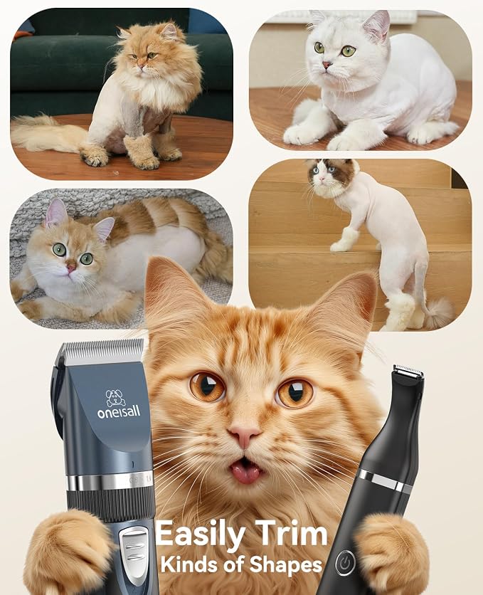 oneisall Cat Clippers and Paw Trimmer 3 in 1 Cat Grooming Kit | for Matted,Long,Thick Coat,2-Speed Cordless Pet Clippers, Quiet Cat Grooming Kit for Cat
