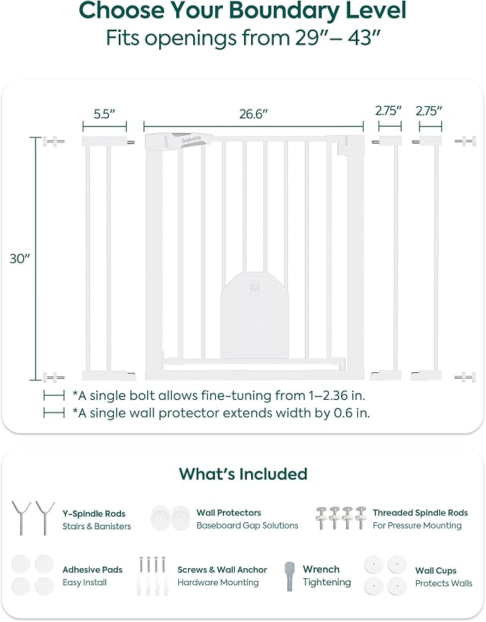 Babelio Auto Close Baby Gate with Cat Door, CatPrivilege I, 29-43" | Safety Gate for Doorway & Stairs, Easy Walk Thru with Pet Door, Includes 4 Wall Cups and 3 Extension Pieces, White