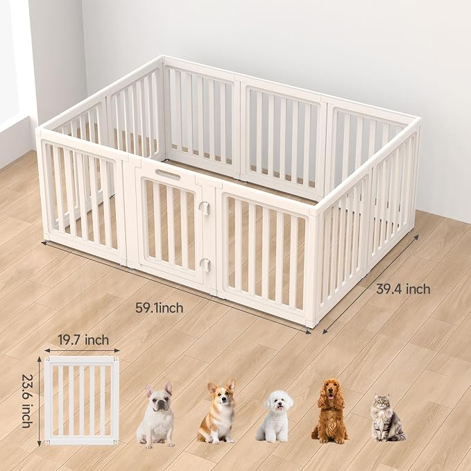 EVERFRONT Dog Playpen with Door - Dog Pen Indoor - Easy Assemble Dog Play Pen - Puppy Playpen, Cat Playpen, Small Animal Playpen, Dog Play Pen Indoors (White, 24", 10 Panels)