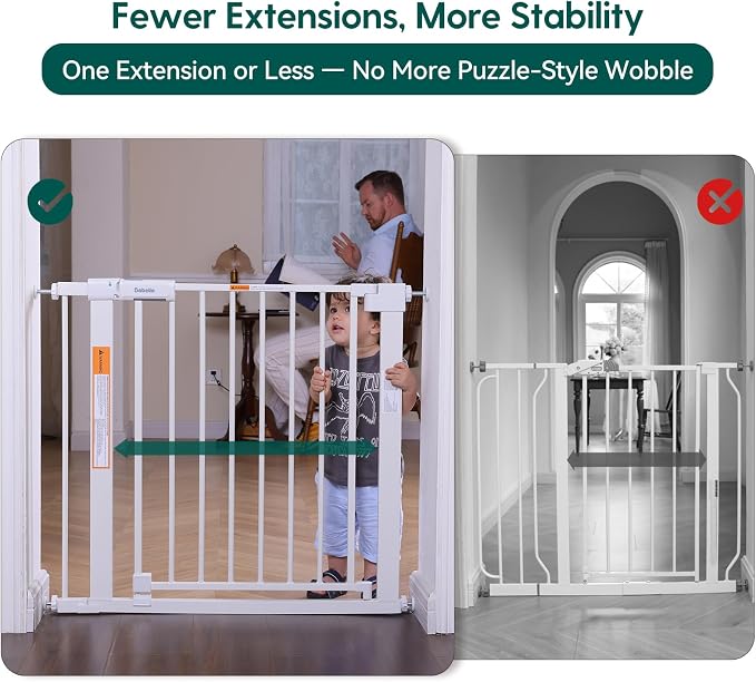 Babelio Baby Gate for Stairs No Drilling, 31-46" Wide Dog Gate with Door | Pressure/Wall Mount; Triple-lock System; Auto-close; 200N Impact Tested; Easy Install for Doorways, Kitchen, Hallway, White