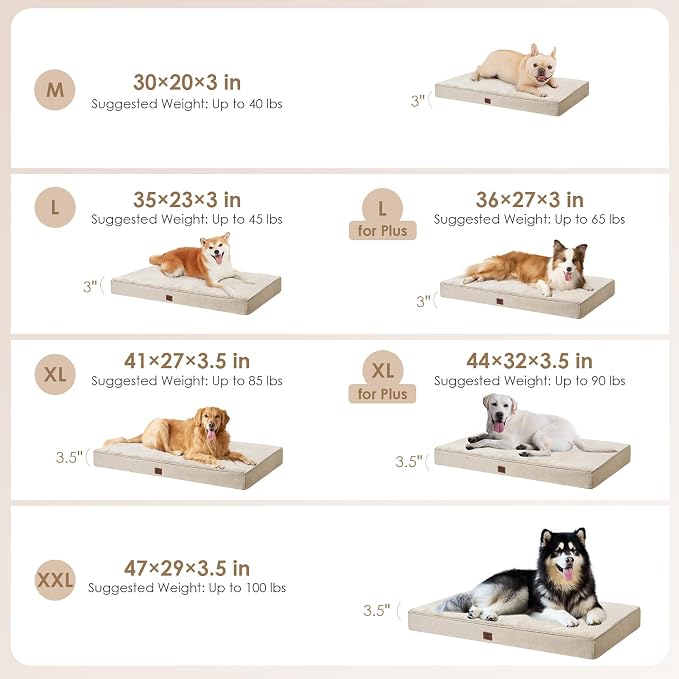 EHEYCIGA Extra Large Memory Foam Flat Dog Bed Washable, 44x32Inch, Beige | High Density Egg Crate Foam, Waterproof Liner, Removable Easy Clean Cover, Non-Slip Bottom, Fits Floor, Camping and Car