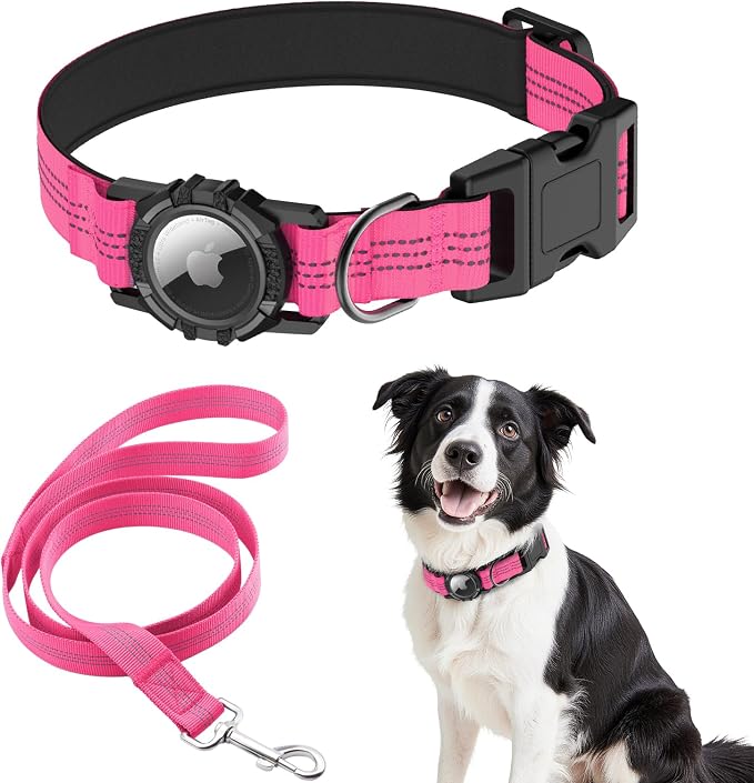 AirTag Dog Collar and Leash, IP68 Waterproof Integrated with Reflective, Ultra-Durable, Comfortable Padded, Heavy Duty Dog Collars for Small Medium Large Dogs, L (14.8"-20.3"), Pink