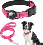 AirTag Dog Collar and Leash, IP68 Waterproof Integrated with Reflective, Ultra-Durable, Comfortable Padded, Heavy Duty Dog Collars for Small Medium Large Dogs, S (10.6"-13.6"), Pink